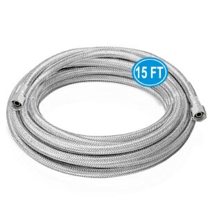 refrigerator water line - 15 ft premium stainless steel braided ice maker water hose,food grade pex inner tube fridge water line with 1/4" fittings for refrigerator ice maker