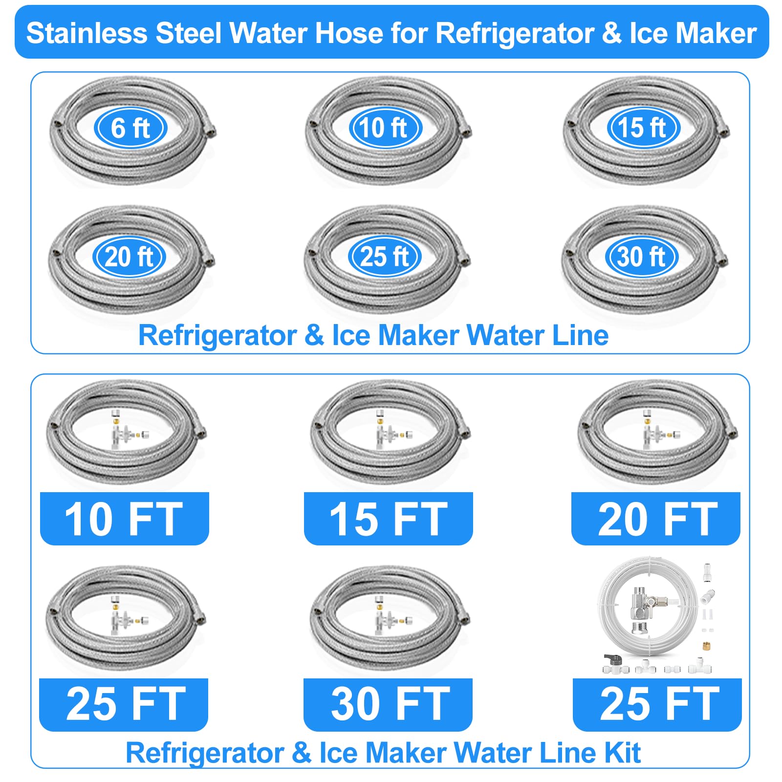 Refrigerator water line - 15 FT Premium Stainless Steel Braided Ice Maker Water Hose,Food grade PEX Inner Tube Fridge Water Line with 1/4" Fittings for Refrigerator Ice Maker