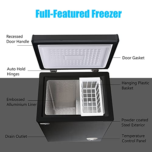 Chest Freezer Small Freezer Black Deep Freezers 3.5 Cu.Ft Compact Freezer Free-Standing Top Door Freezer Adjustable 7 Thermostat and Removable Basket Open Deep Freezer Energy Saving Apartment Kitchen