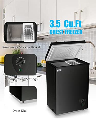 Chest Freezer Small Freezer Black Deep Freezers 3.5 Cu.Ft Compact Freezer Free-Standing Top Door Freezer Adjustable 7 Thermostat and Removable Basket Open Deep Freezer Energy Saving Apartment Kitchen