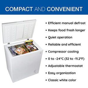 Koolatron Compact Chest Freezer, 5.5 cu ft (155L), White, Manual Defrost Deep Freeze, Storage Basket, Space-Saving Flat Back, Stay-Open Lid, Front-Access Defrost Drain, for Apartment, Condo, Cottage