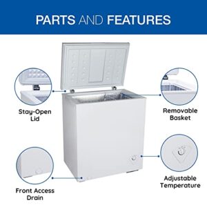 Koolatron Compact Chest Freezer, 5.5 cu ft (155L), White, Manual Defrost Deep Freeze, Storage Basket, Space-Saving Flat Back, Stay-Open Lid, Front-Access Defrost Drain, for Apartment, Condo, Cottage