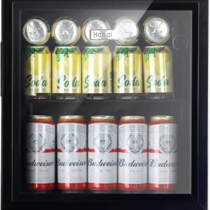 Mini Fridge Glass Door 60 Cans Beverage Cooler Refrigerator Mini Beer Fridge 1.6 cu.ft Organizer for Drinks Soda Wine Small Refrigerator with Blue LED for Home Office Dorm