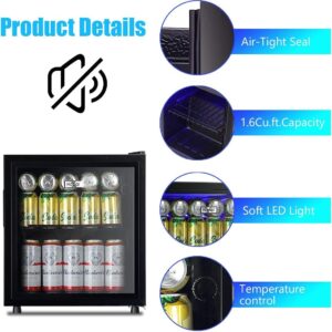 Mini Fridge Glass Door 60 Cans Beverage Cooler Refrigerator Mini Beer Fridge 1.6 cu.ft Organizer for Drinks Soda Wine Small Refrigerator with Blue LED for Home Office Dorm