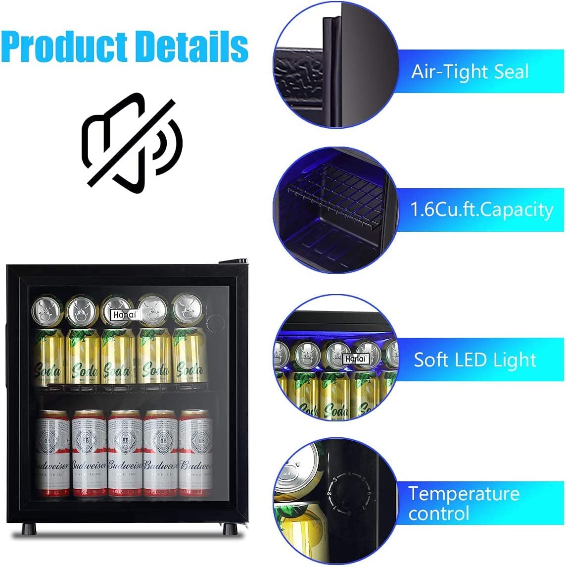 Mini Fridge Glass Door 60 Cans Beverage Cooler Refrigerator Mini Beer Fridge 1.6 cu.ft Organizer for Drinks Soda Wine Small Refrigerator with Blue LED for Home Office Dorm