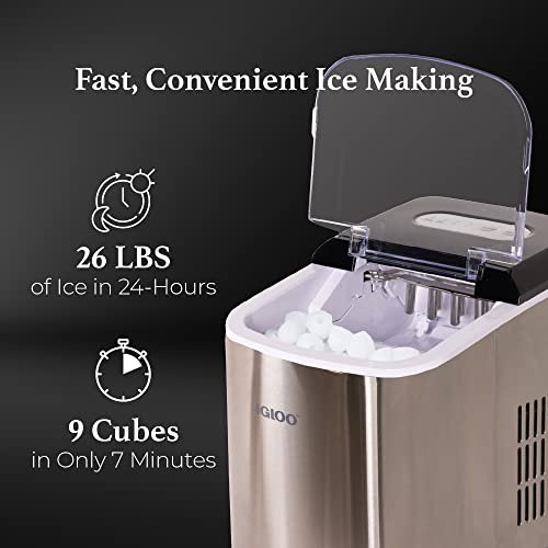 Igloo Electric Countertop Ice Maker Machine - Automatic and Portable - 26 Pounds in 24 Hours - Ice Cube Maker - Ice Scoop and Basket - Ideal for Iced Coffee and Cocktails - Stainless Steel