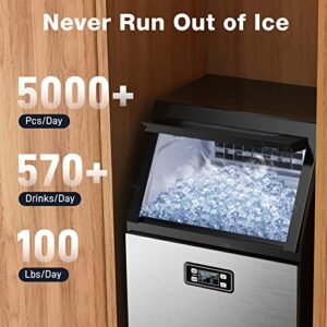 Ice Maker Commercial Ice Machine Self Clean, 100lbs/24H 45 Cubes per Batch in 11-18 Minutes 33lbs Storage Bin, Advanced LCD Panel w/Clear Indicators, Freestanding for Restaurant/Home/Food Truck