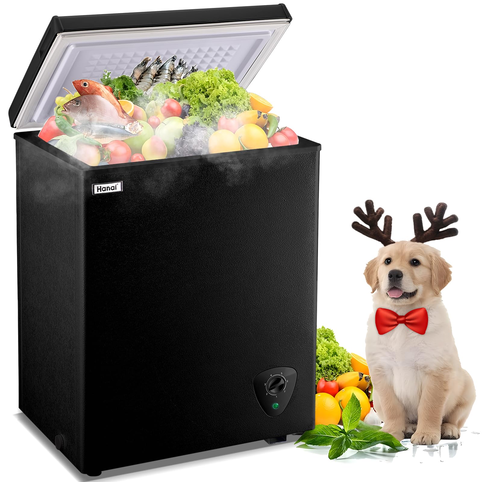 Chest Freezer WANAI 3.5 Cubic Deep Freezer with Top Open Door and Removable Storage Basket, 7 Gears Temperature Control, Ideal for Office Dorm or Apartment (Black)