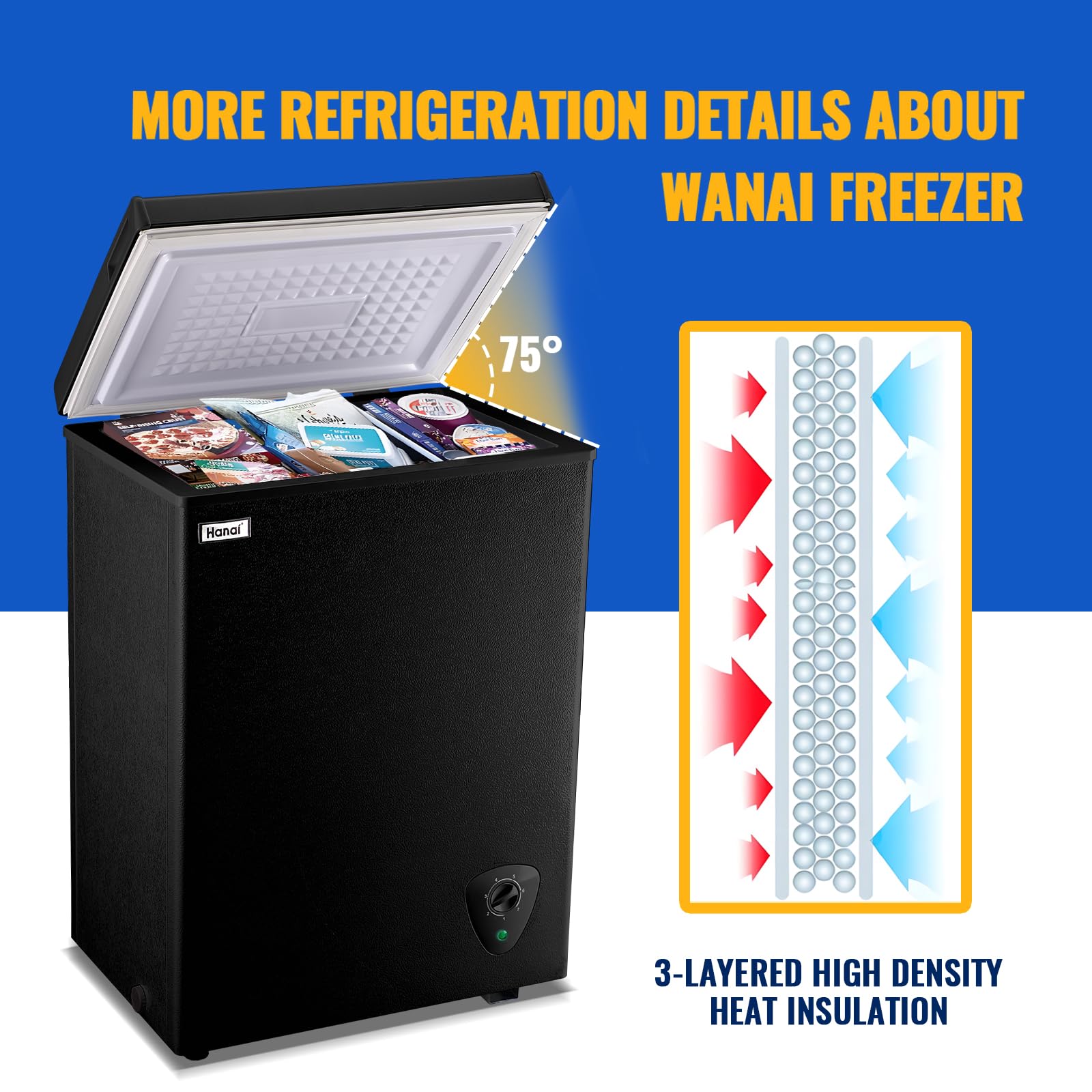 Chest Freezer WANAI 3.5 Cubic Deep Freezer with Top Open Door and Removable Storage Basket, 7 Gears Temperature Control, Ideal for Office Dorm or Apartment (Black)