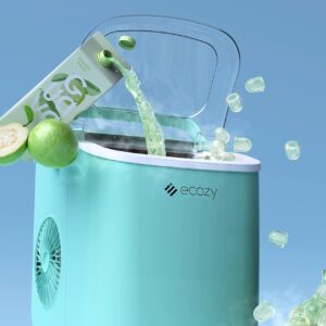 ecozy Portable Ice Maker Countertop, 9 Cubes Ready in 6 Mins, 26 lbs in 24 Hours, Self-Cleaning Machine with Ice Bags/Standing Ice Scoop/Ice Basket for Kitchen Office Bar Party, Aqua