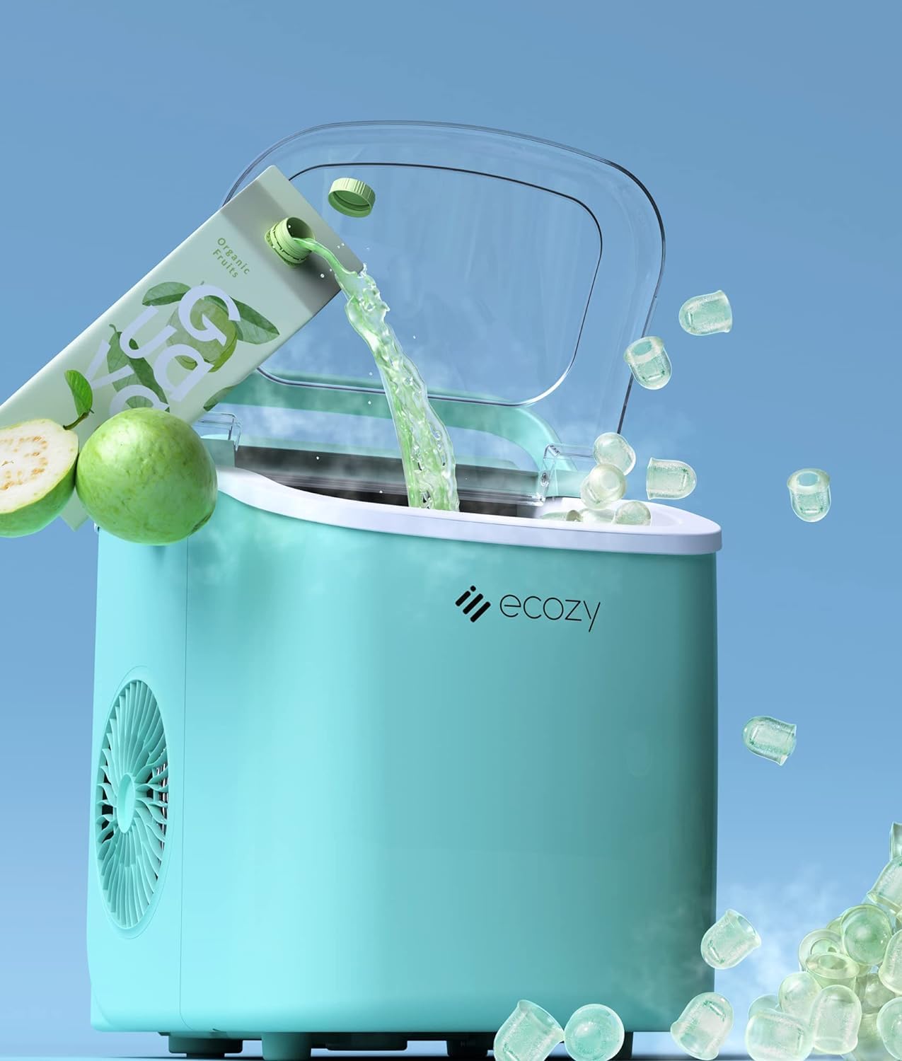 ecozy Portable Ice Maker Countertop, 9 Cubes Ready in 6 Mins, 26 lbs in 24 Hours, Self-Cleaning Machine with Ice Bags/Standing Ice Scoop/Ice Basket for Kitchen Office Bar Party, Aqua