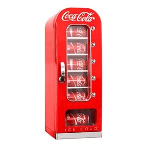 coca-cola retro vending machine style 10 can mini fridge with display window, ac/dc portable beverage cooler for soft drink cans, includes 12v and ac cords, for home office dorm cottage, red