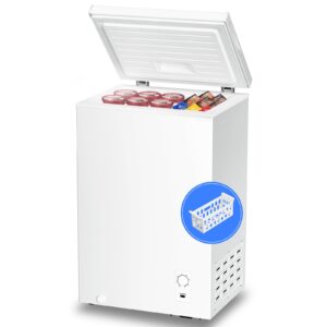 kismile 2.7 cubic feet chest freezer with removable basket free standing top open door compact freezer with adjustable temperature for home/kitchen/office/bar (2.7 cubic feet, white)