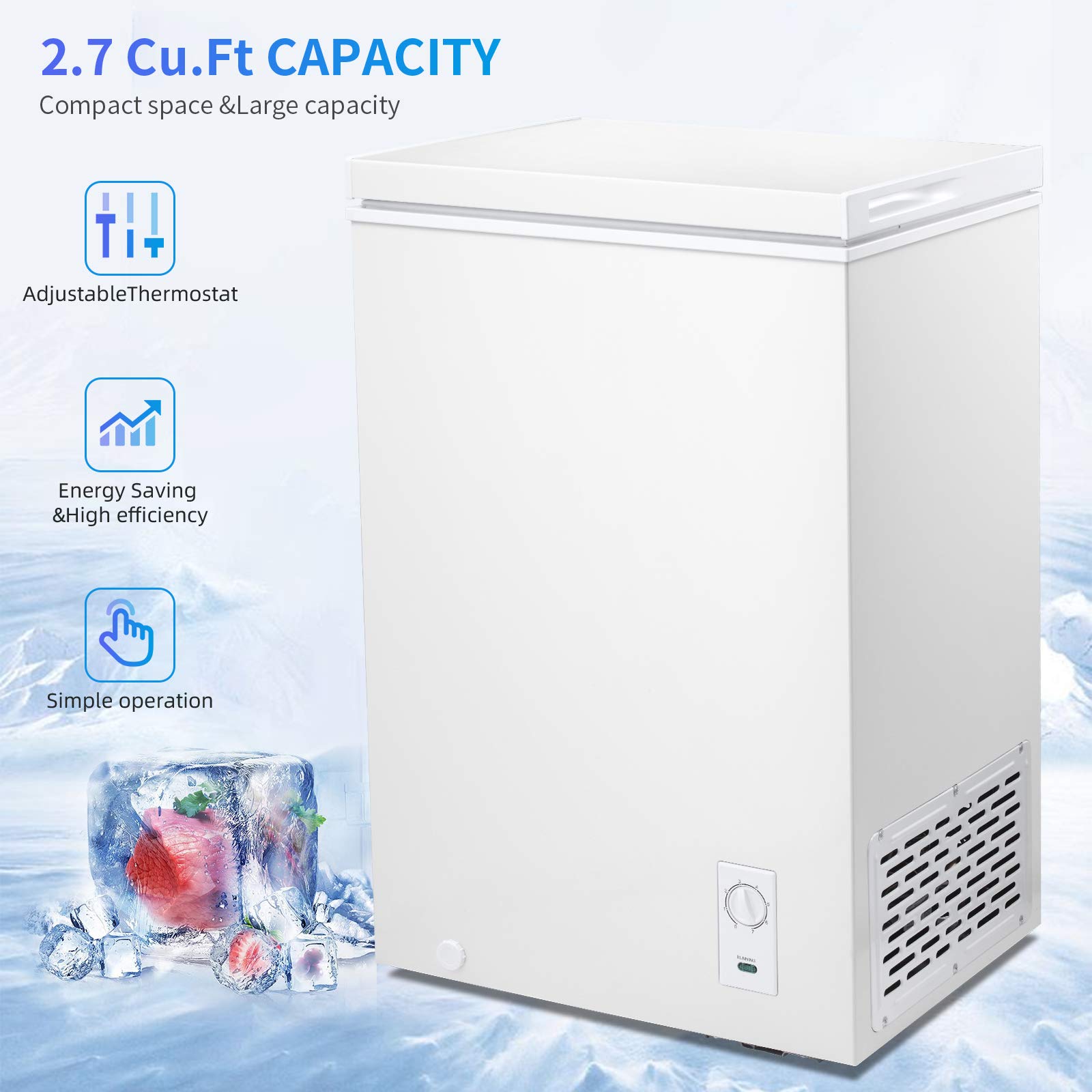 Kismile 2.7 Cubic Feet Chest Freezer with Removable Basket Free Standing Top Open Door Compact Freezer with Adjustable Temperature for Home/Kitchen/Office/Bar (2.7 Cubic Feet, White)