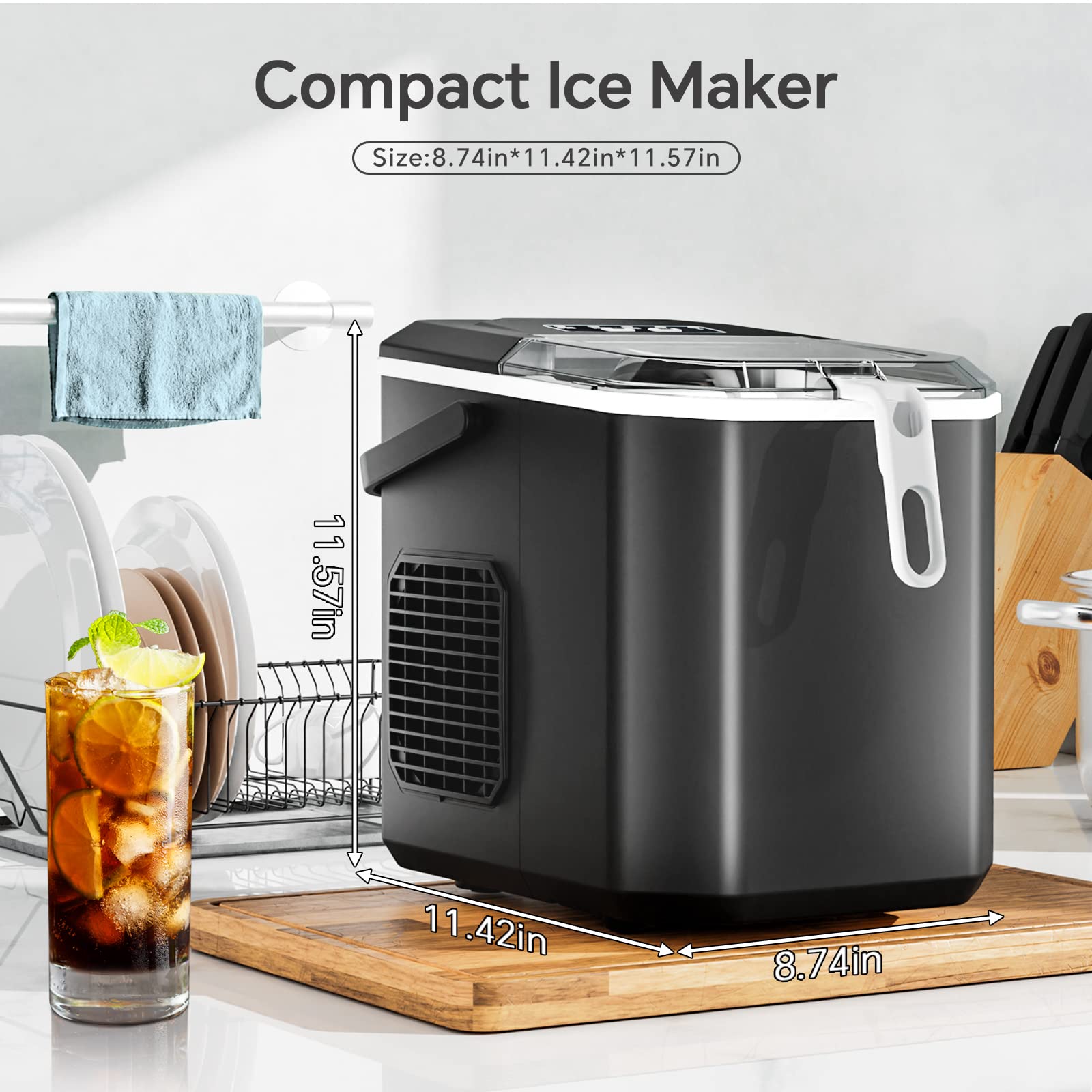 Crzoe Ice Makers Countertop, Ice Machine with Handle, 26Lbs in 24Hrs, 9 Cubes Ready in 6 Mins, Self-Cleaning Portable Ice Maker, 2 Sizes of Bullet Ice Cubes for Home and Office