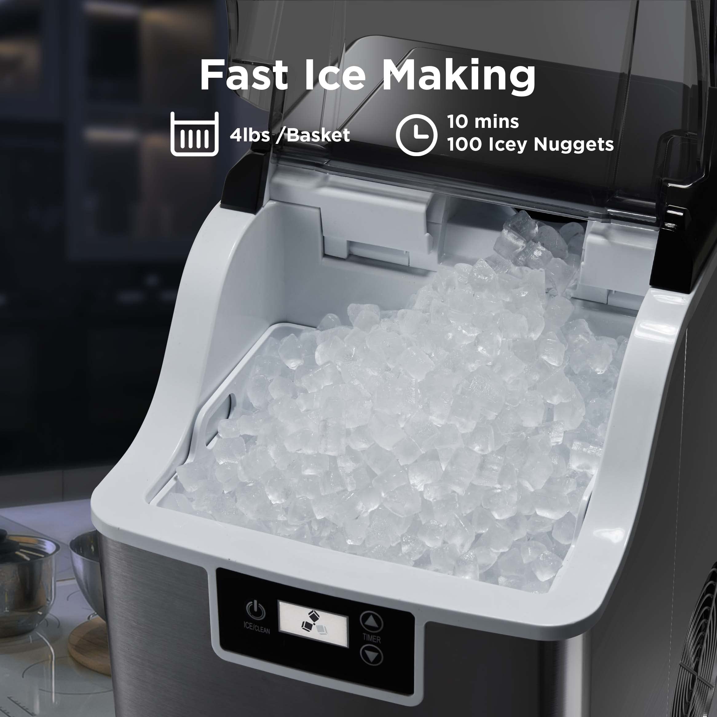 Silonn Compact Nugget Ice Maker，44lbs/Day Pellet Ice Maker Machine with Timer & Self-Cleaning Function, Portable Countertop Ice Maker for Home, Office, Bar, Perfect for Cocktails & Smoothies