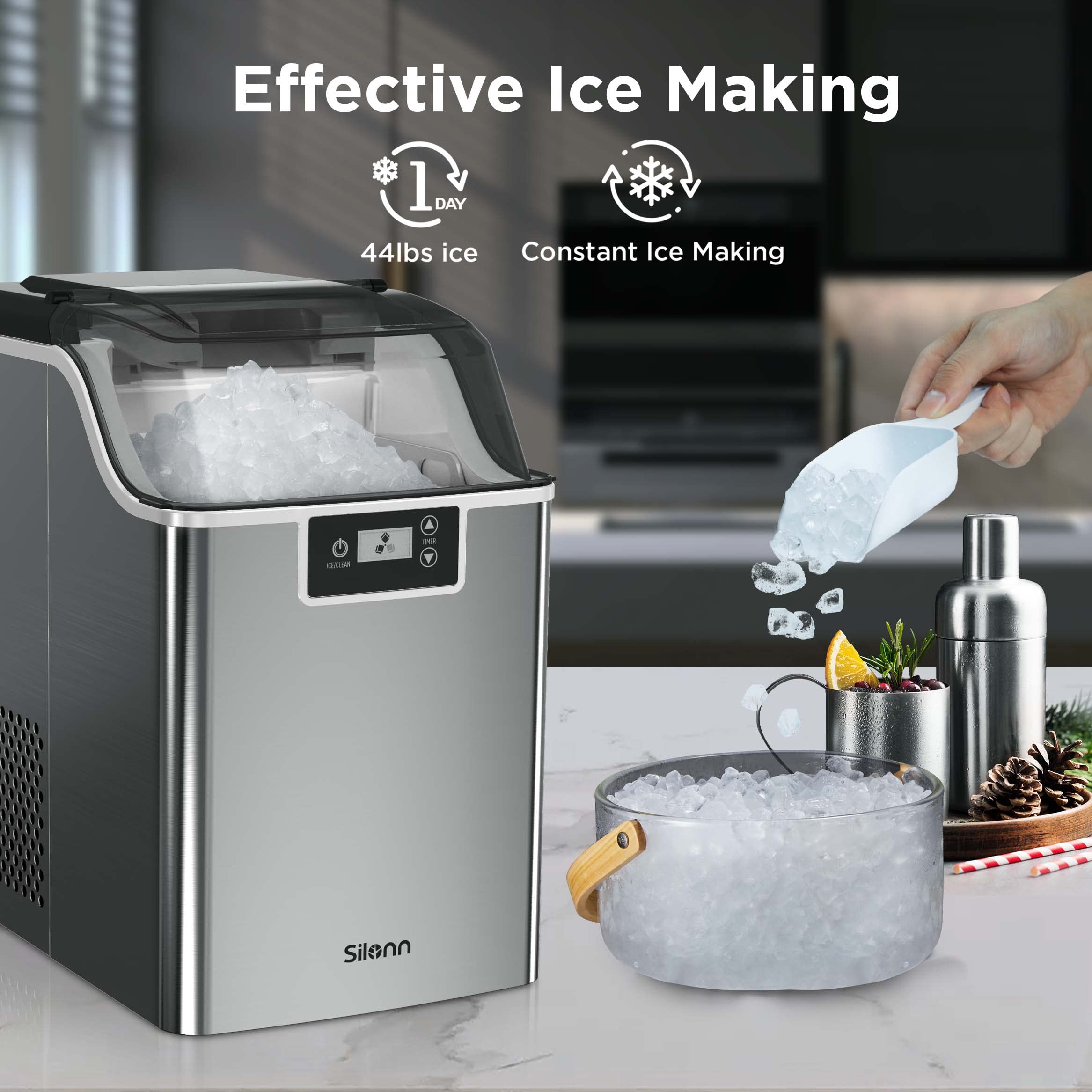 Silonn Compact Nugget Ice Maker，44lbs/Day Pellet Ice Maker Machine with Timer & Self-Cleaning Function, Portable Countertop Ice Maker for Home, Office, Bar, Perfect for Cocktails & Smoothies