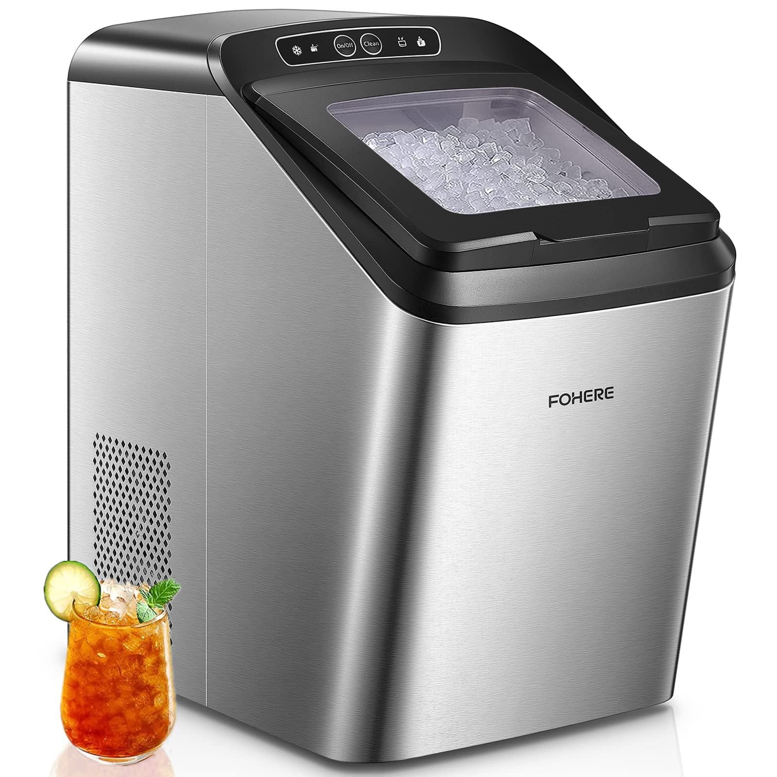 Nugget Ice Maker Countertop, Makes 33lbs Crunchy ice in 24H, 5.3lbs Basket, Self-Cleaning Pebble Ice Machine, Portable Ice Maker for Home/Kitchen/Office/Bar, FOHERE