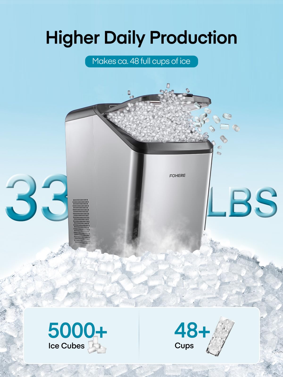 Nugget Ice Maker Countertop, Makes 33lbs Crunchy ice in 24H, 5.3lbs Basket, Self-Cleaning Pebble Ice Machine, Portable Ice Maker for Home/Kitchen/Office/Bar, FOHERE