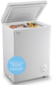 mini chest freezer 3.5 cu.ft small top door deep freezer with removable basket, low noise, 7 adjustable temperature and energy saving perfect for home garage basement dorm or apartment black