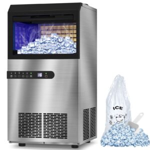 lifeplus commercial ice maker machine 100lbs/24h, stainless steel under counter ice machine with large storage bin, 2 way water supply, freestanding for home party shop office bar