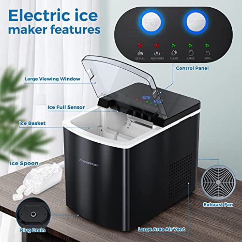 Ice Maker Machine for Countertop, Freezimer 33 lbs/24Hrs, 9 Cubes Ready in 6 Mins Self-Cleaning Electric Ice Machine with Ice Scoop and Basket for Home Kitchen Bar Party - Black