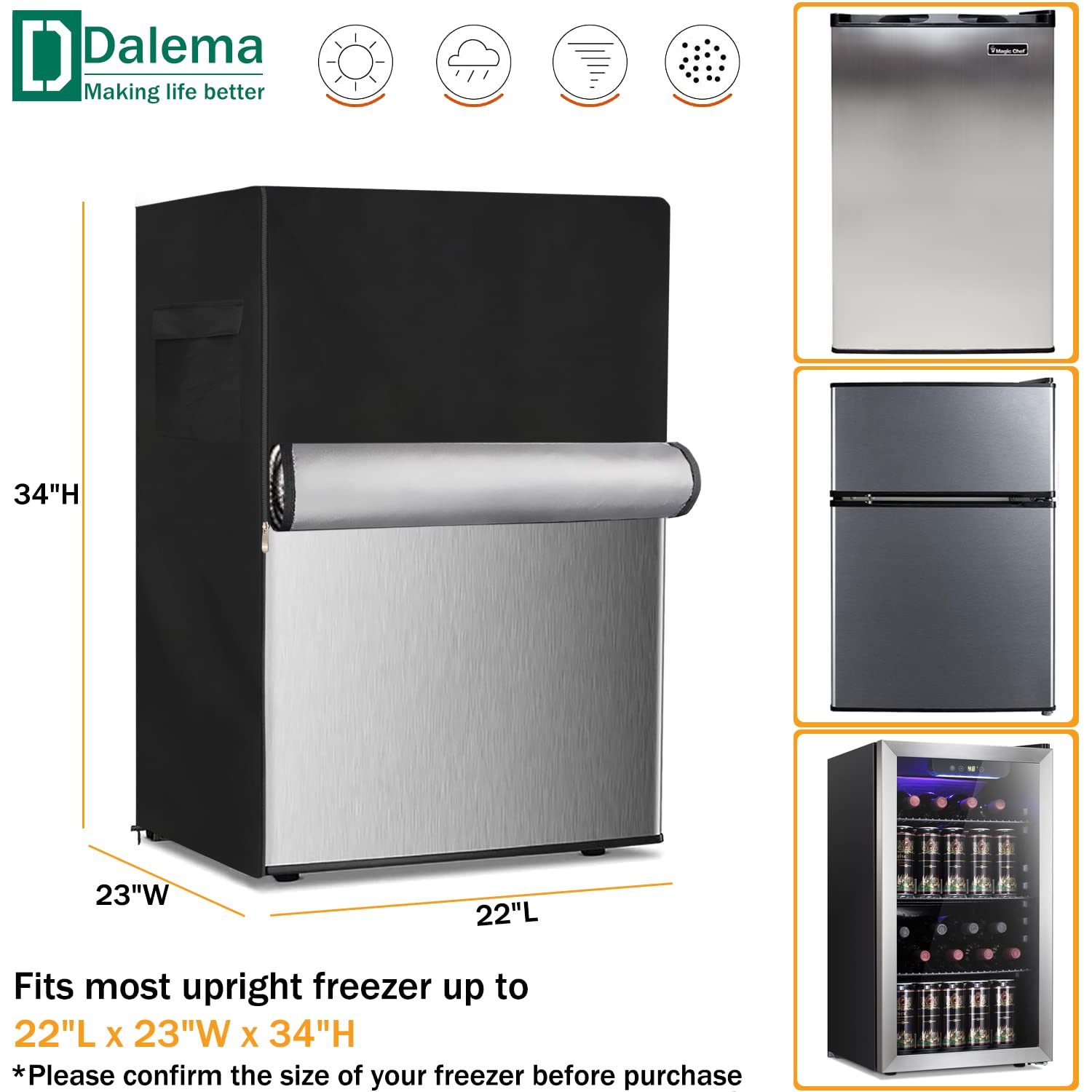 Dalema Upright Freezer Cover,Outdoor Waterproof Upright Refrigerator Cover,Outside 3.0 Cubic Feet Compact Stand Up Fridge Covers.Front Can Be Rolled-Up With Zippers.(Black,22" L x 23" W x 34" H)