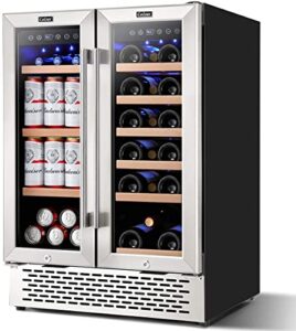 colzer wine and beverage refrigerator 24 inch, dual zone wine cooler under counter lockable 18 bottles and 57 cans fridge built in freestanding for beer soda drink bar kitchen cabinet commercial