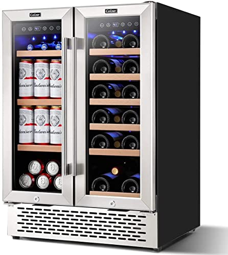 COLZER Wine and Beverage Refrigerator 24 inch, Dual Zone Wine Cooler Under Counter Lockable 18 Bottles and 57 Cans Fridge Built in Freestanding for Beer Soda Drink Bar Kitchen Cabinet Commercial