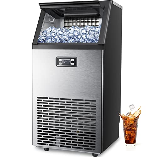 Kismile Commercial Ice Maker, Freestanding Square Ice Cube Maker 100lbs/24h, 28lbs Storage Bin, Full Heavy Duty Stainless Steel Construction, Ice Maker Machine for Home Bar