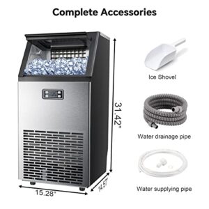 Kismile Commercial Ice Maker, Freestanding Square Ice Cube Maker 100lbs/24h, 28lbs Storage Bin, Full Heavy Duty Stainless Steel Construction, Ice Maker Machine for Home Bar