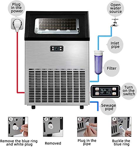 Kismile Commercial Ice Maker, Freestanding Square Ice Cube Maker 100lbs/24h, 28lbs Storage Bin, Full Heavy Duty Stainless Steel Construction, Ice Maker Machine for Home Bar