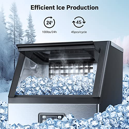 Kismile Commercial Ice Maker, Freestanding Square Ice Cube Maker 100lbs/24h, 28lbs Storage Bin, Full Heavy Duty Stainless Steel Construction, Ice Maker Machine for Home Bar