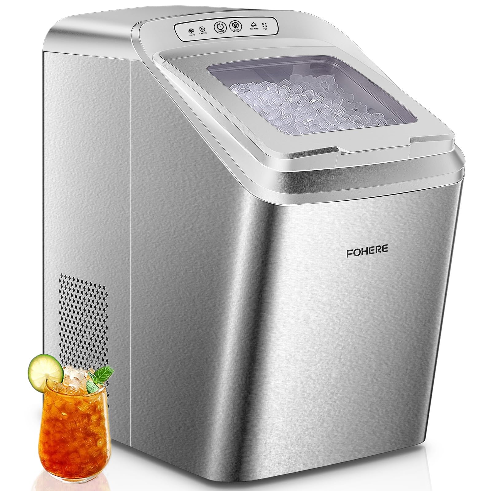 Nugget Ice Maker Countertop, Makes 33lbs Crunchy ice in 24H, 5.3lbs Basket at a time, Self-Cleaning Pebble Ice Machine with Scoop and Basket, Portable Ice Maker for Home/Kitchen/Office/Bar, FOHERE