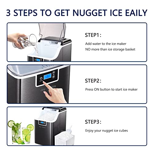 Joy Pebble Nugget Ice Maker Countertop, 45lbs/Day, 3lbs / Basket, Self-Cleaning, Pellet Ice Maker Machine, Ideal for Home Kitchen Office Bar Party,Black