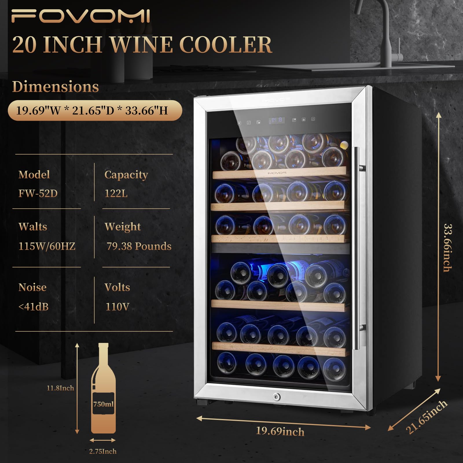 FOVOMI 20" Wine Cooler Fridge 52 Bottles (Bordeaux 750ml),Freestanding Dual Zone Wine Refrigerator,Wine Cellar with Upgrade Compressor,Fast Cooling Quiet Low Vibration - Chiller for Kitchen,Home Bar