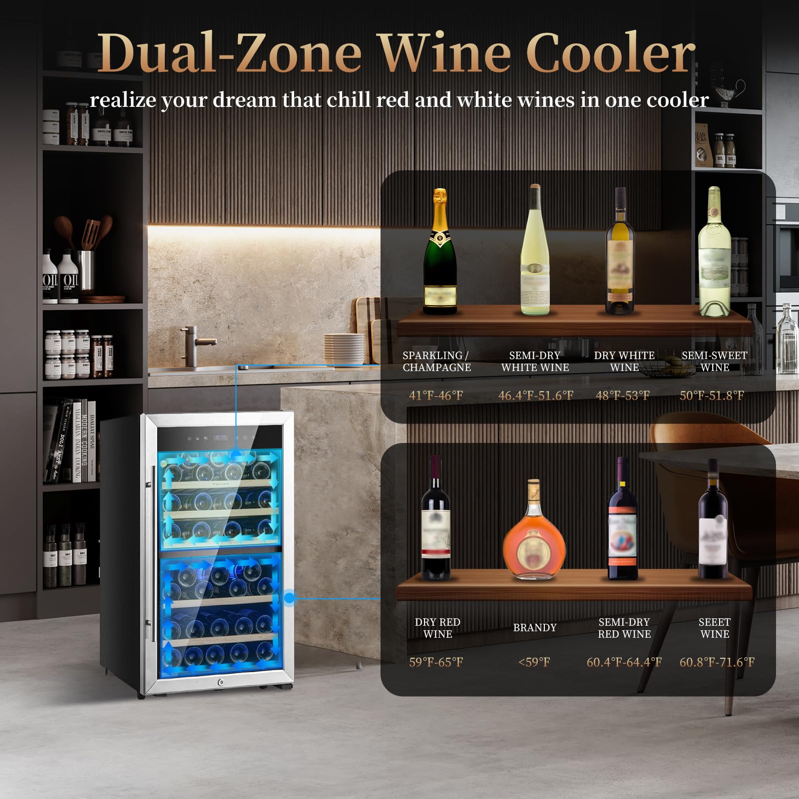 FOVOMI 20" Wine Cooler Fridge 52 Bottles (Bordeaux 750ml),Freestanding Dual Zone Wine Refrigerator,Wine Cellar with Upgrade Compressor,Fast Cooling Quiet Low Vibration - Chiller for Kitchen,Home Bar