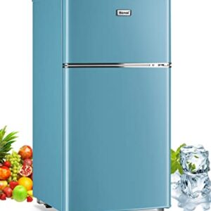 WANAI Compact Refrigerator 3.2 Cu.Ft Retro Mini Fridge with Freezer Dual Door Small Refrigerator with 7 TEMP Modes, LED Lights, Removable Shelves, Ideal for Bedroom Dorm Office Apartment