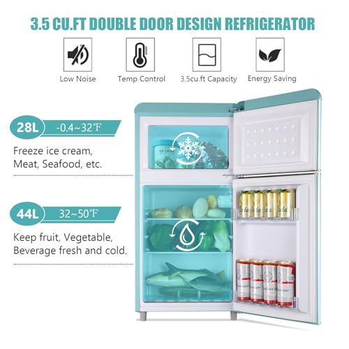 WANAI Compact Refrigerator 3.2 Cu.Ft Retro Mini Fridge with Freezer Dual Door Small Refrigerator with 7 TEMP Modes, LED Lights, Removable Shelves, Ideal for Bedroom Dorm Office Apartment