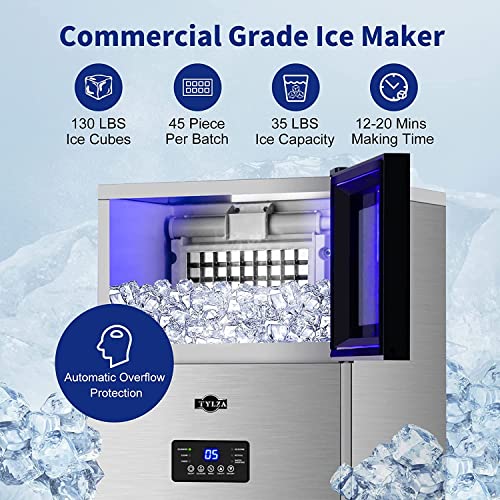 Commercial Ice Maker 130 LBS/24H, Upgraded 15" Wide Under Counter Ice Maker with 35LBS Ice Capacity, Commercial Ice Machine Self Clean Stainless Steel Built-in or Freestanding Large Ice Machine
