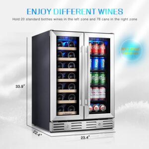 Kalamera Wine and Beverage Refrigerator, 24 inch Wine Fridge Dual Zone Hold 20 Bottles and 78 Cans, Digital Touch Control, Built-In or Freestanding