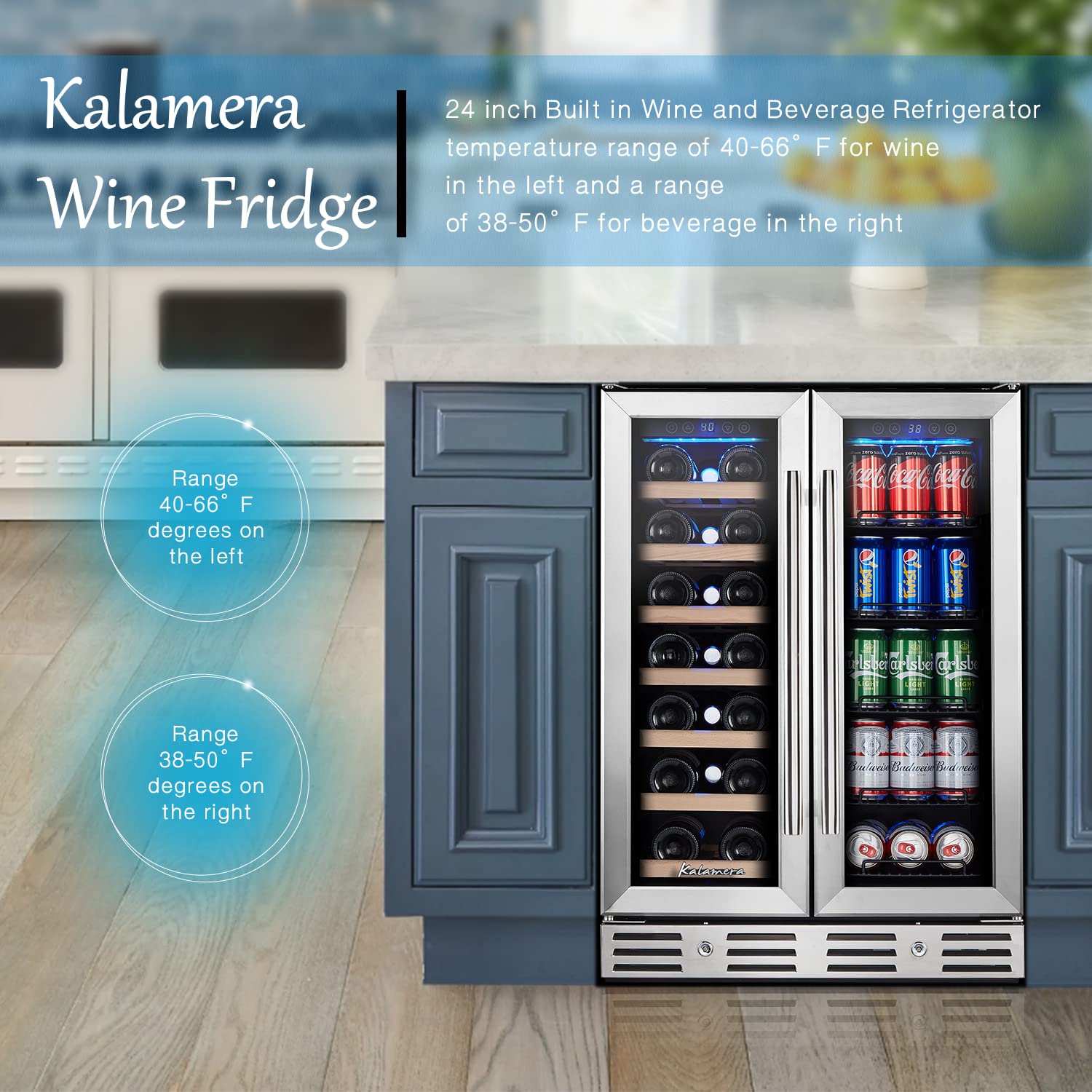 Kalamera Wine and Beverage Refrigerator, 24 inch Wine Fridge Dual Zone Hold 20 Bottles and 78 Cans, Digital Touch Control, Built-In or Freestanding