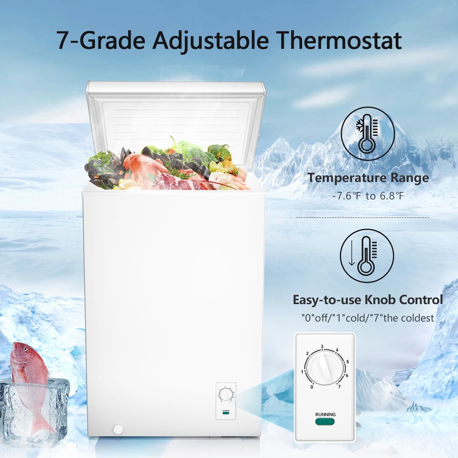 R.W.FLAME Chest Freezer 2.8 Cubic Feet, Deep Freezer with Basket Adjustable Temperature, Energy Saving, Top open Door Compact Freezer, White