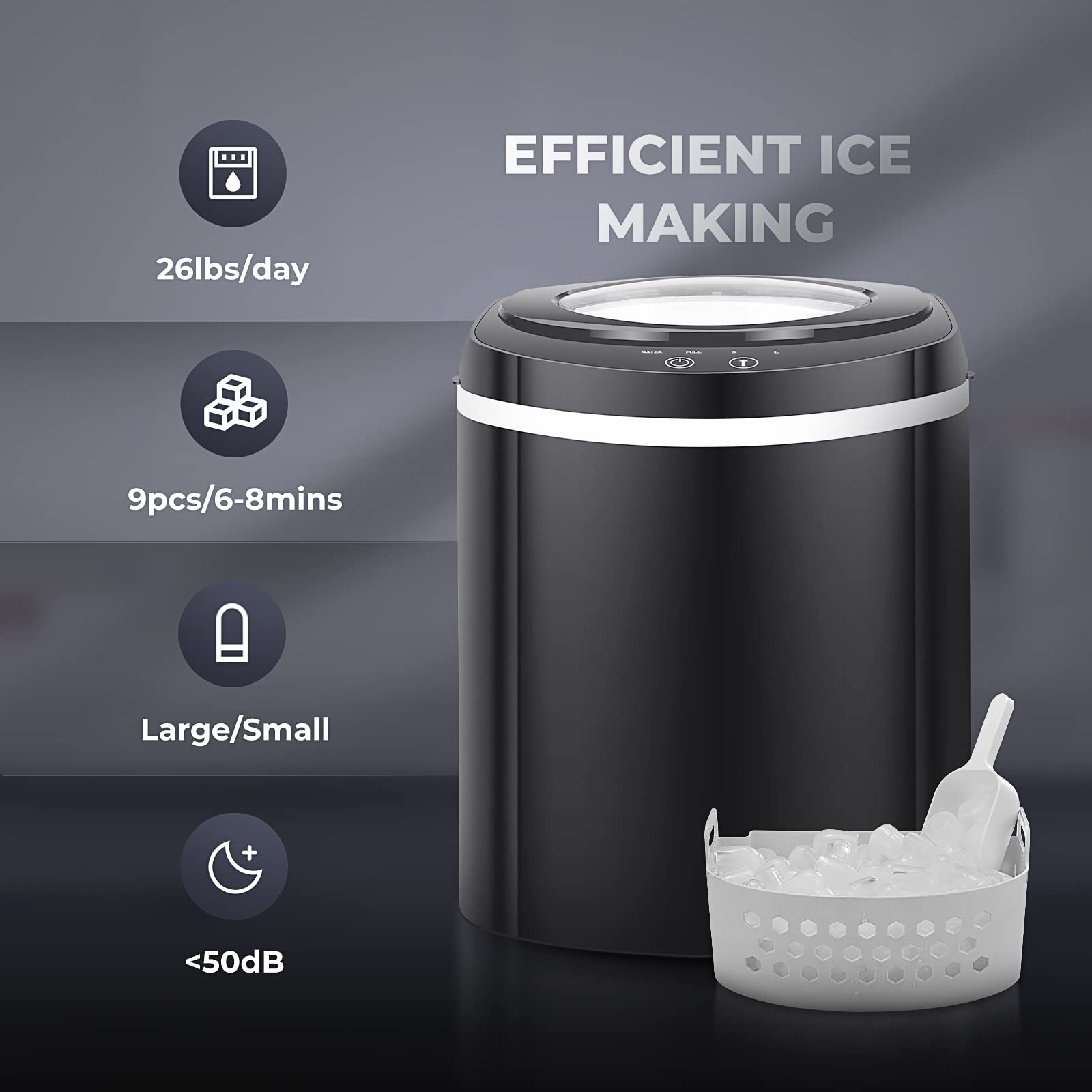 TRUSTECH Ice Maker Machine for Countertop, Automatic Ice Makers Countertop Self Cleaning, 9 Cubes Ready in 6 Mins, 26 lbs in 24 Hours, Perfect for Home/Kitchen/Office, Ice Scoop&Basket, Black
