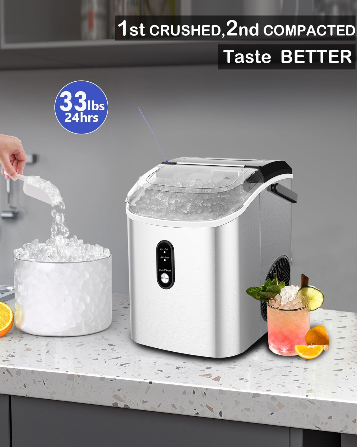 Kndko Countertop Ice Maker with Handle, 26 lbs/Day, 9pcs Bullet Ice in 6 min, Smart Self-Cleaning, Portable Ice Makers Countertop for Home/Office/Party/RV