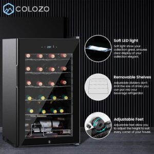 COLOZO 17 inch Wine Cooler Refrigerators Freestanding Under Counter Compact Bar Beverage Fridge 24 Bottle Countertop Double-Layer Tempered Glass Door Wine Cellars with Professional Compressor