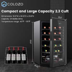 COLOZO 17 inch Wine Cooler Refrigerators Freestanding Under Counter Compact Bar Beverage Fridge 24 Bottle Countertop Double-Layer Tempered Glass Door Wine Cellars with Professional Compressor