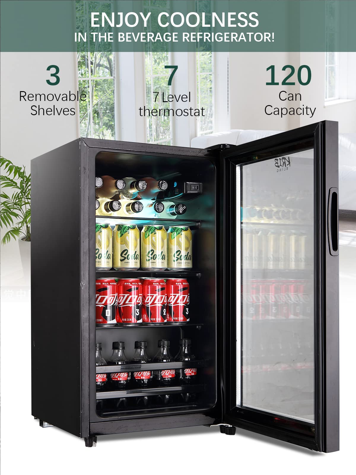 KRIB BLING Beverage Refrigerator and Cooler for 120 Cans, Mini Refrigerator with Wire Adjustable Shelving, Small Drink Dispenser Machine for Soda, Water, Beer, Wine for Dorm, Office, Bar