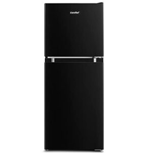 COMFEE' CRM45D3ABB Cu Ft Mini Fridge with Freezer, Energy Saving, Adjustable Legs, Temperature Thermostat Dial, Removable Shelf, Perfect for Home/Dorm/Garage Double Door Refrigerator, 4.5 Cuft, Black