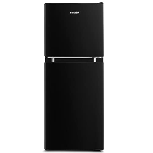 COMFEE' CRM45D3ABB Cu Ft Mini Fridge with Freezer, Energy Saving, Adjustable Legs, Temperature Thermostat Dial, Removable Shelf, Perfect for Home/Dorm/Garage Double Door Refrigerator, 4.5 Cuft, Black